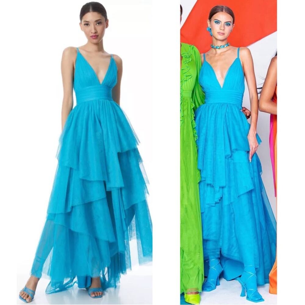 ALICE + OLIVIA Doja V Neck Tulle High Low Tiered Blue Maxi Gown Size 8